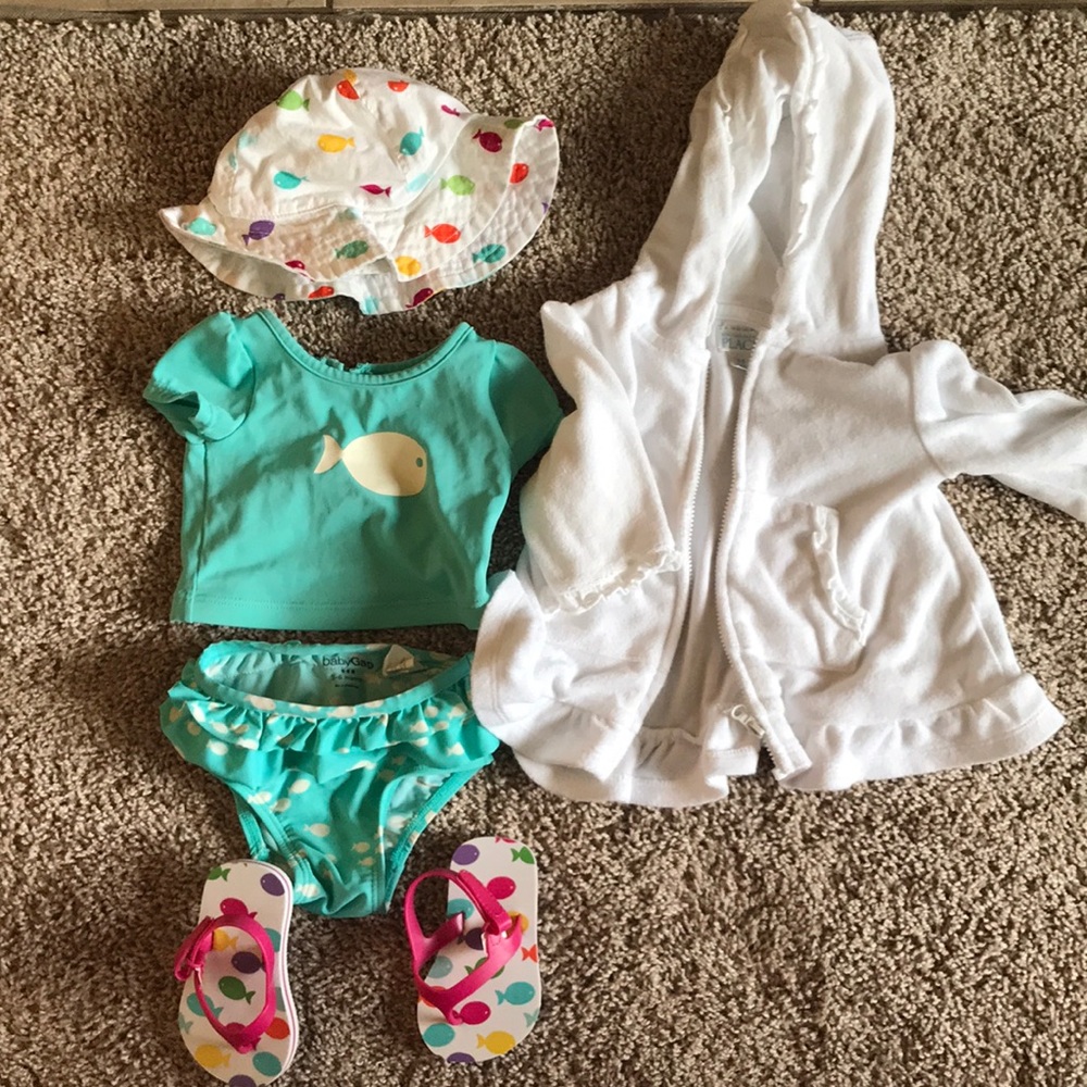 Swimsuit, hat, flip flops and cover up